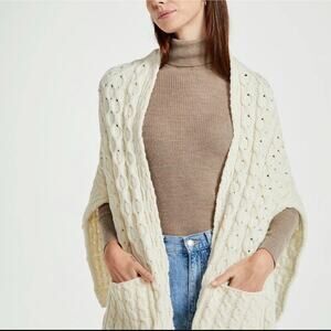 The Irish Store Cable Knit Cardigan Shawl 100% Merino Wool Ireland Made Pockets